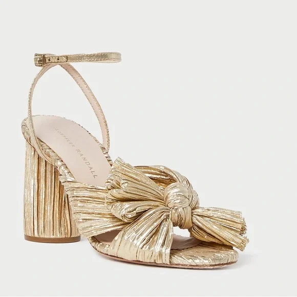 Loeffler Randall Camellia Gold Pleated Bow Heel Sandal MSRP $400 EUC Size 9.5 - Picture 1 of 9